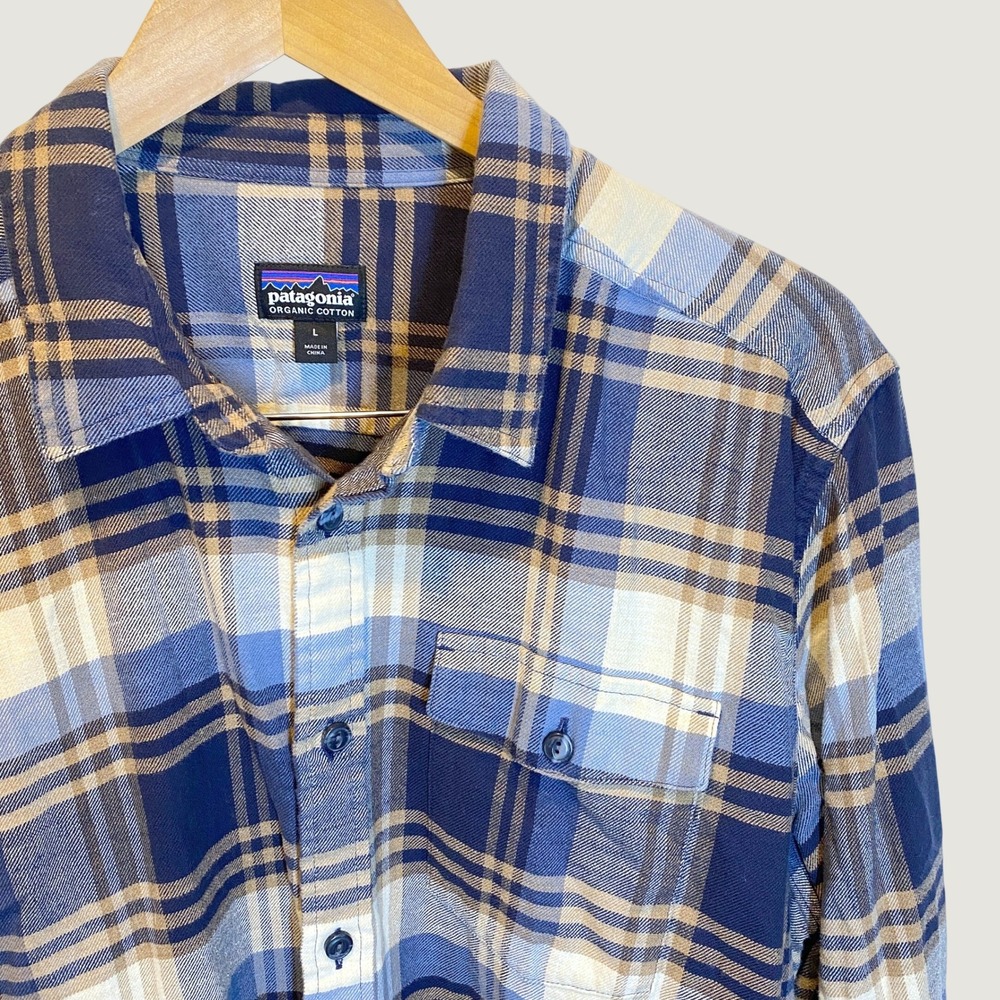 Patagonia Fjord Flannel Shirt Mens L Blue Plaid Organic Cotton Long Sleeve